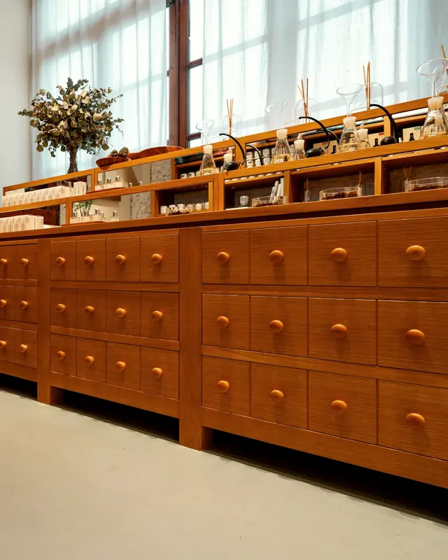 Ladeneinrichtung mit einer langen Schubladenwand aus rötlichem Holz und Regalaufsatz vor großen Fenstern.