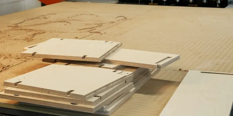 Frisch gefräste Multiplexplatten mit Zapfenschlitzen liegen gestapelt auf dem Tisch einer CNC-Fräse.