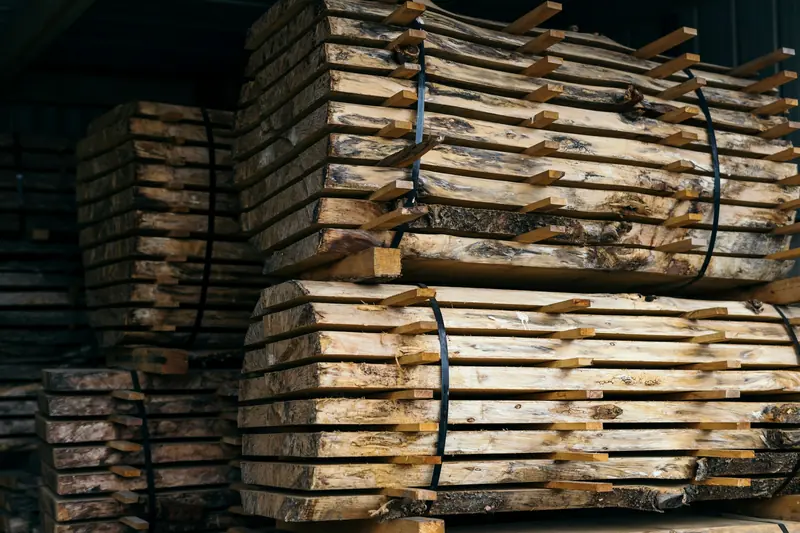 Gestapelte, mit Leisten gelüftete Bohlen mit Baumkante in einem Holzlager.
